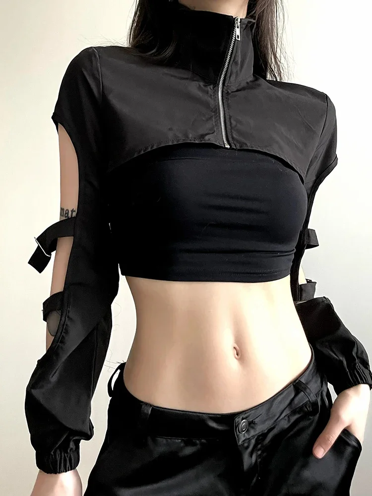 Hollow Out Techwear Fashion Cargo Cardigans Cyber Gothic Zip Up Sexy Crop Jackets Y2k Punk Turtleneck Streetwear Tops