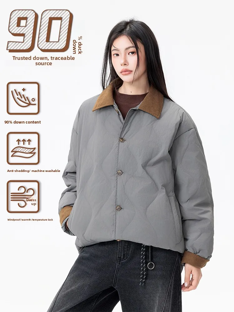 Women's Quilted Down Jacket Color Block Corduroy Collar Casual Winter Coat Unisex Couples Parka