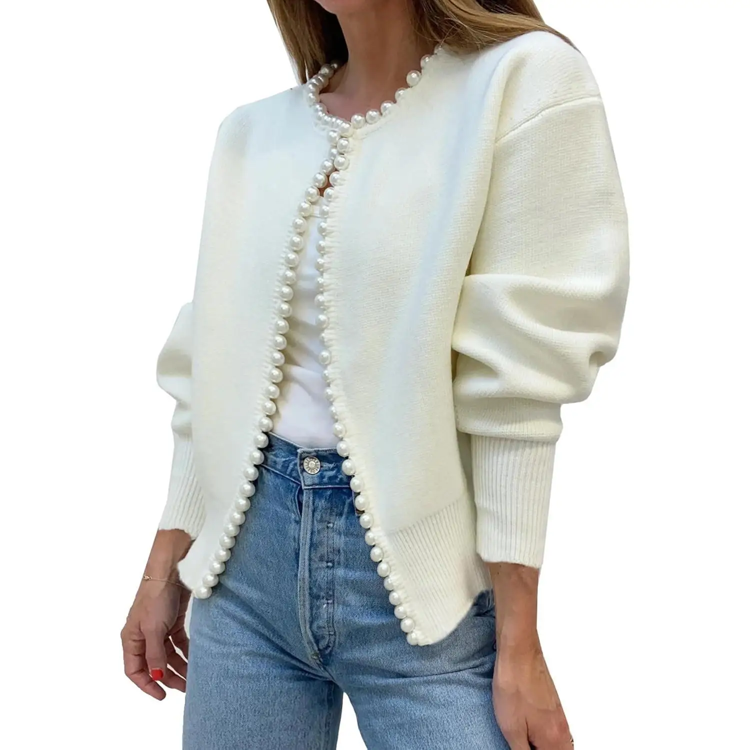 

White Black Womens Casual Pearl Cardigan 2025 Spring Elegant Embellished Long Sleeve Oversized Knit Sweater 096