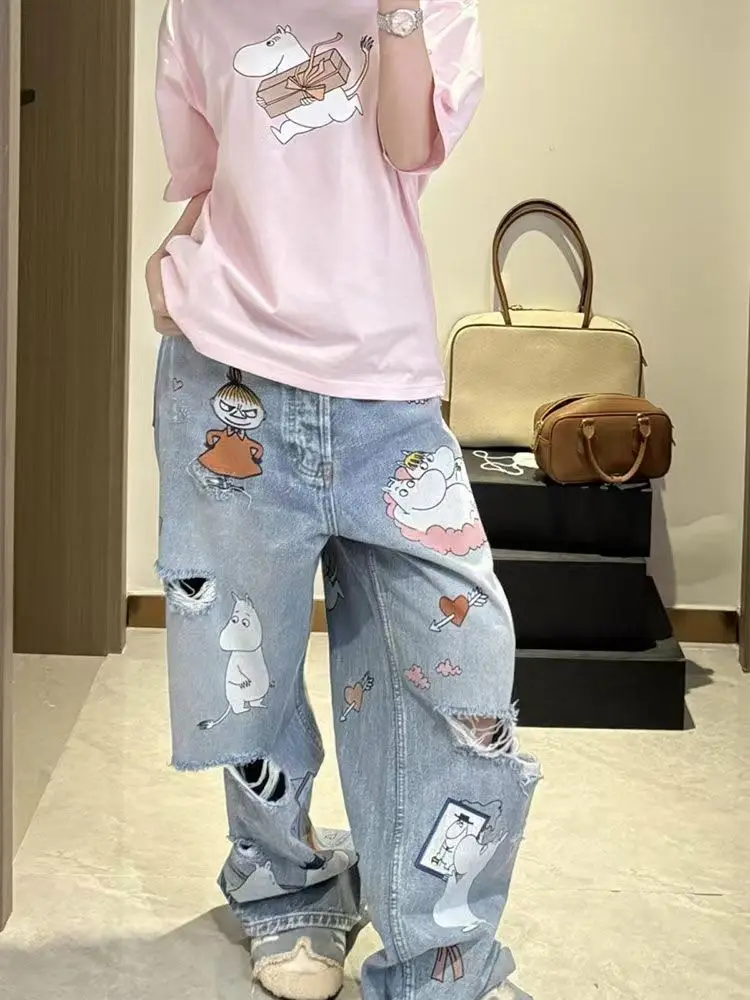 レトロ漫画落書きウォッシュリッピングワイドレッグジーンズレディース2025春夏デザインセンスゆったり薄手パンツ潮