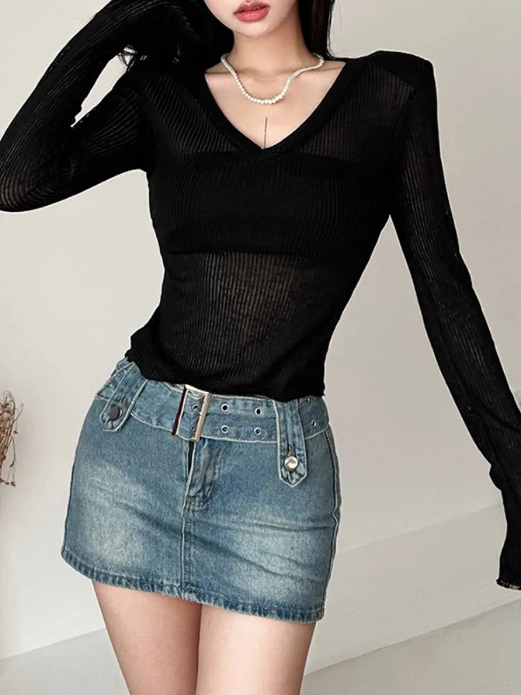 Solid Long Sleeve Y2k Top See Through Shirts For Women V-Neck Short Aesthetic Clothes Slim Fit Streetwear Fashion Ropa Mujer