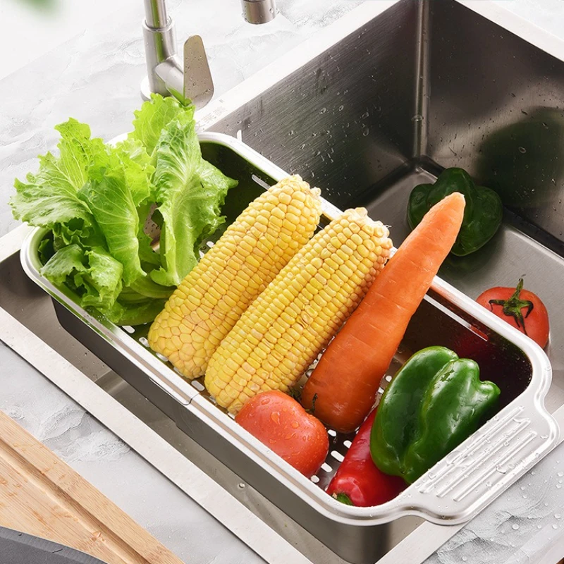 

304 Stainless Steel Sink Rack Extendable Kitchen Dish Drainer Heavy-Duty Drain Basket for Fruits Vegetables and Plates