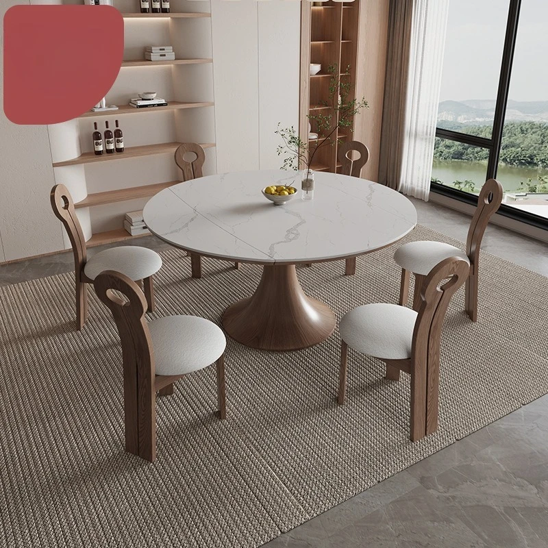 

French solid wood square to round dining table household retro style modern simple dining table rock slab retractable dual-purpo