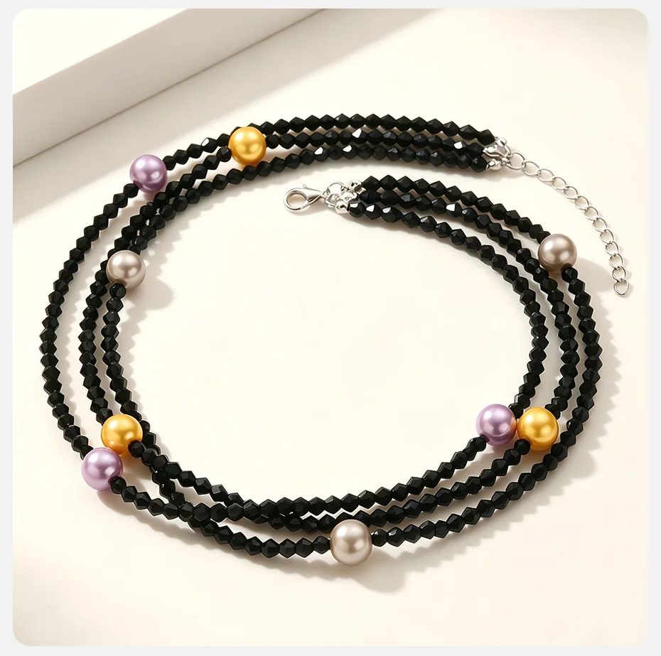 Vnox Handgefertigte Halskette aus schwarzem Kristall-Spinell mit Perlen für Damen, mehrschichtige lila Imitationsperlen-Halskette, Schmuck. – Detail 5