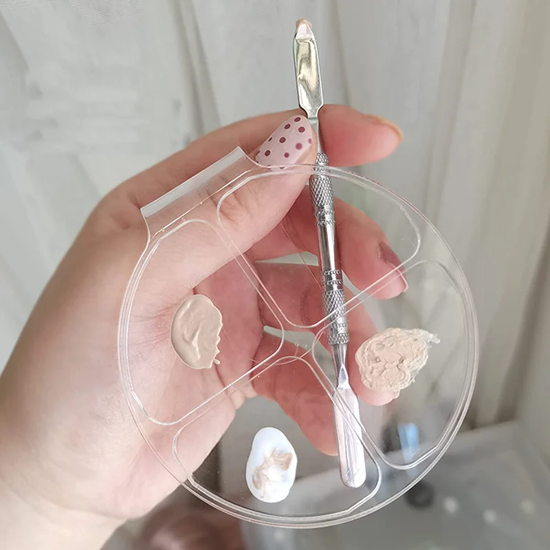 Transparente Acryl-Farbmischplatte mit Griff, runde, flache und flüssige Grundierung mit vier Gittern, Farbmischplatte für Make-up-Werkzeug