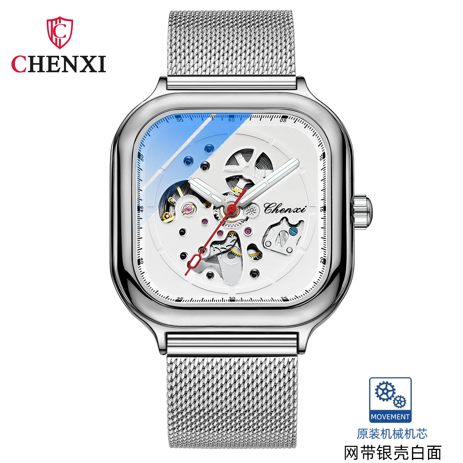 Chenxi-Reloj de malla de cuero inoxidable Kwai para hombre, accesorio masculino de pulsera resistente al agua, mecanismo mecánico en vivo rápido, 8840