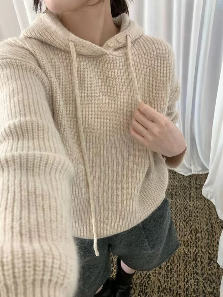 

Кашемировый корейский однотонный кашемировый свитер, приятный для кожи, свитер с капюшоном, свободный универсальный свитер на осень и зиму