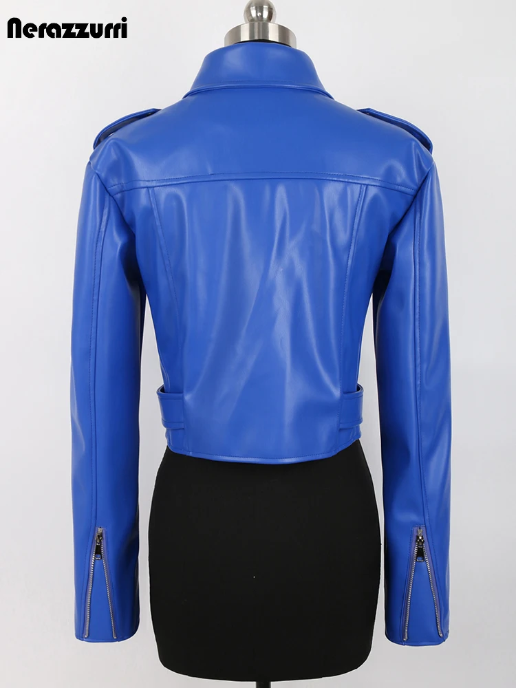 Nerazzurri-Chaqueta corta de cuero sintético para mujer, chaqueta de motociclista de manga larga con cinturón, ropa de alta calidad a la moda, color