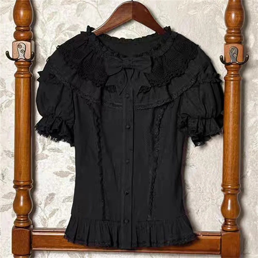 

2025 Lolita Japanese Ruffle Vintage White Black Beige Shirt Women Summer Sweet Cute Bow Blouse Lace Puff Short Sleeve Casual Top