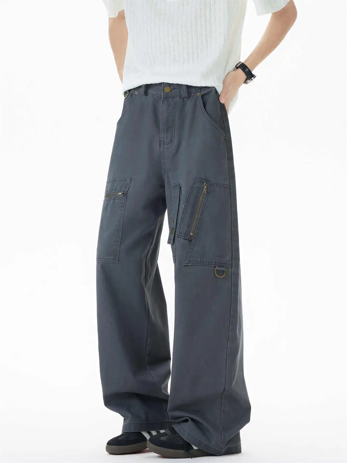 レディース グレー カーゴパンツ 原宿 オーバーサイズ ストレートパンツ 日本風 2000年代 スタイル Y2K ヴィンテージ エモ ボーイフレンドスタイル トラウザーズ 服