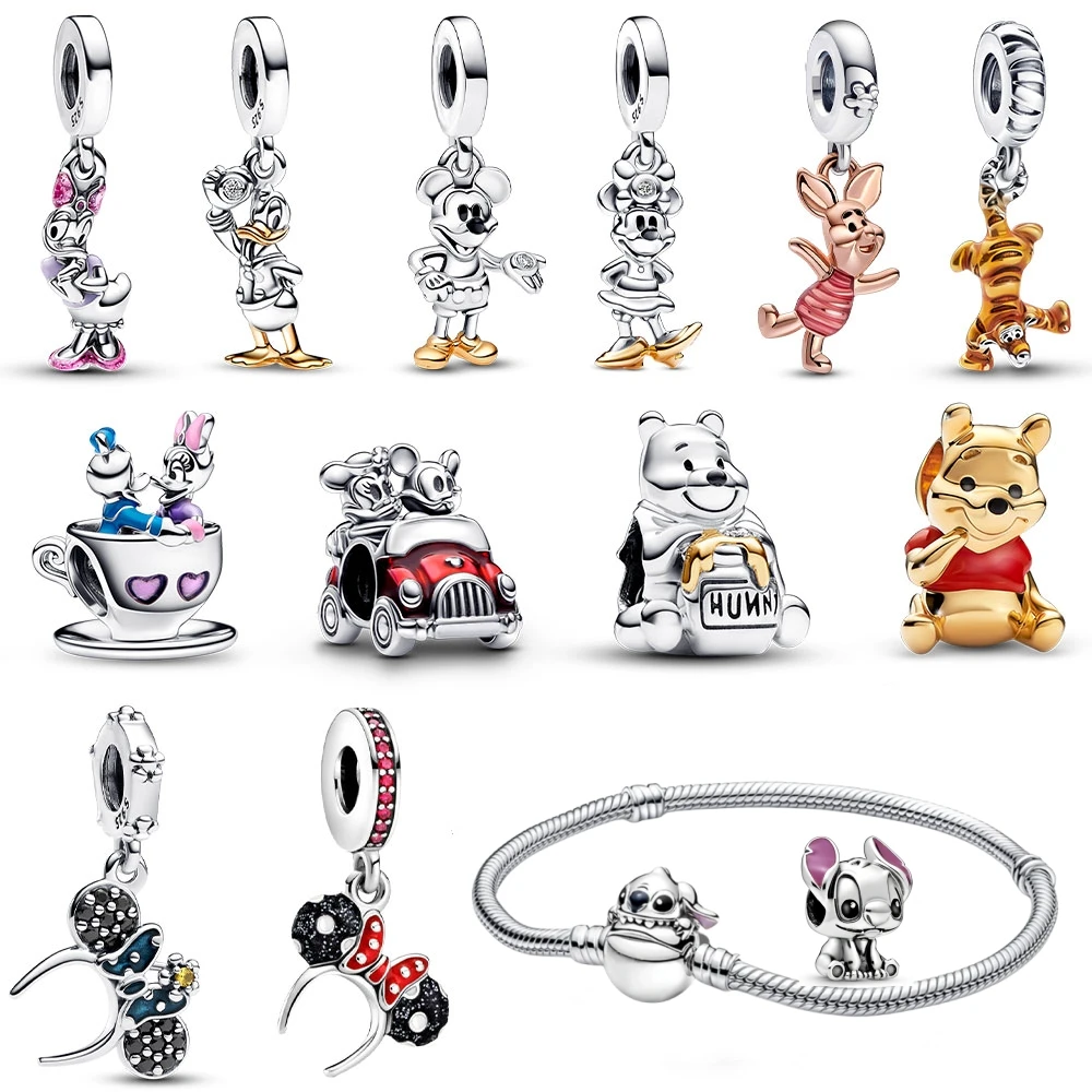 Disney-925 Sterling Silver Charme para as Mulheres, Minnie Pingente, Mickey Bead, se Fits Original Pulseira Pandora, Jóias DIY, Ponto 100