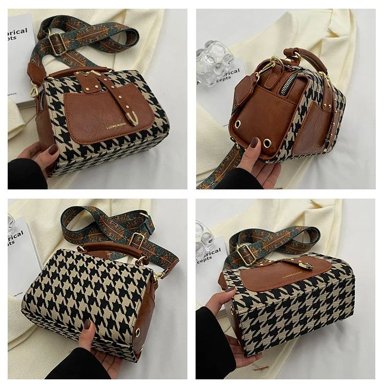 houndstooth style women bags 2023 luxury handbags bolso replica Fashion Retro Handbag Female Shoulder Bag boston bag