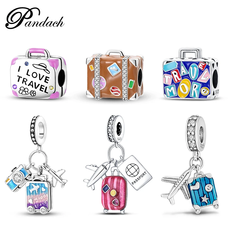 925 Sterling Silver Colorful Suitcase Aircraft Travel Charms Beads Fit Original Pandora Bracelets Fine DIY Anniversary Jewelry