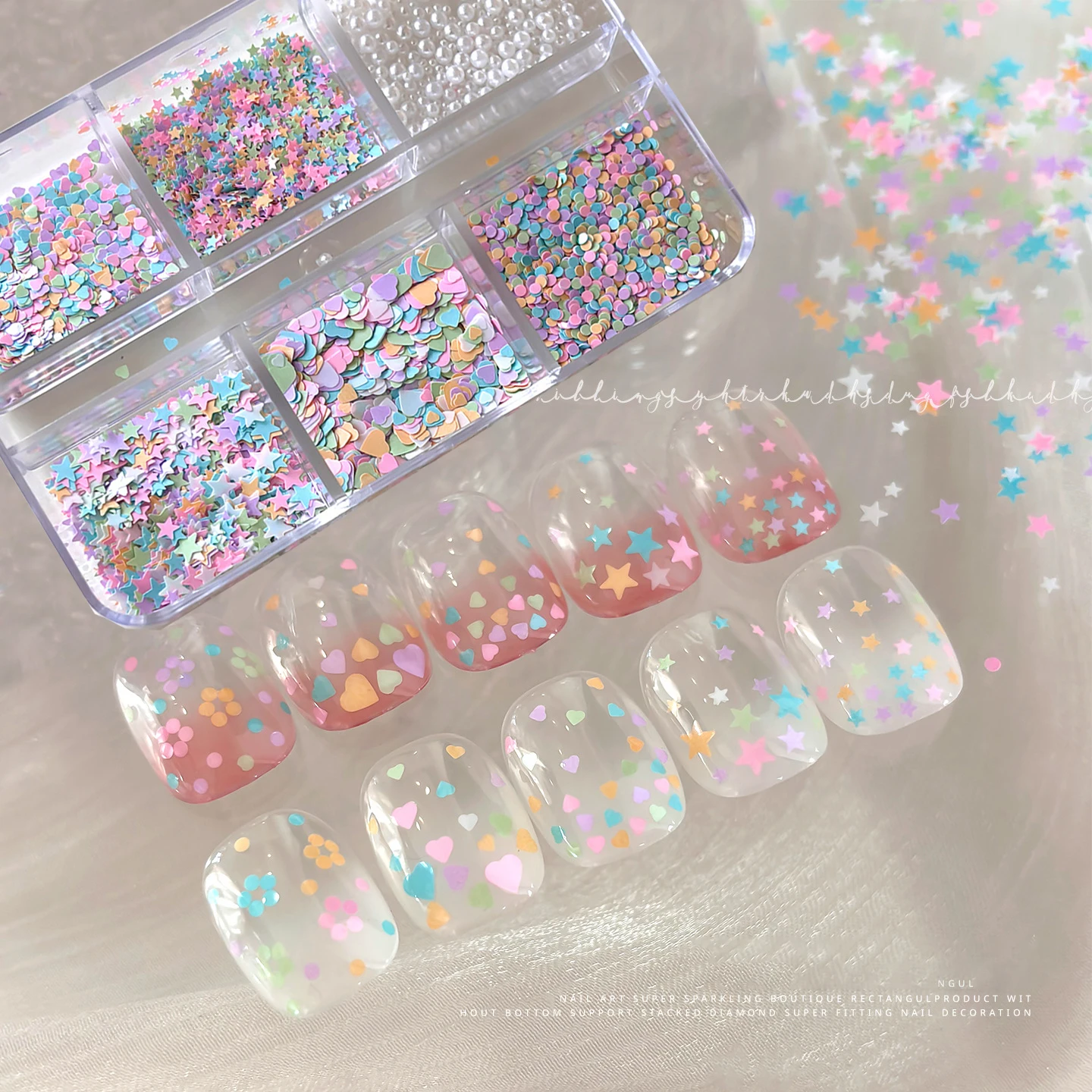 6 Gitter Nagelkunst-Strass Runde Weiße Perlen Gemischt 1-3mm Bunte Stern-/Herz-Pailletten Maniküre-Dekorationszubehör
