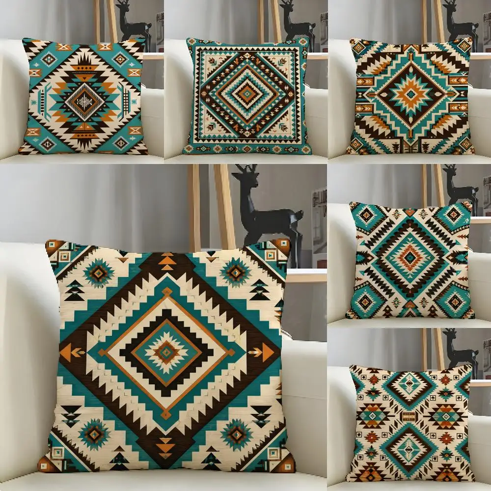Bohemian Vintage Geometric Cushion Cover Natural Linen Pillow Case Organic Fabric Double Sided Print Sofa Home Decor Gift