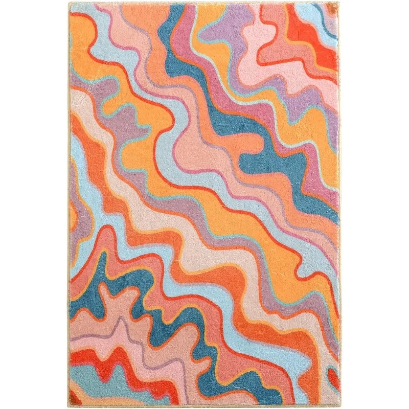 Vintage Abstract Area Rug Aesthetic Colorful Striped Geometric Non-Slip Bathroom for Kitchen Entryway Doormat Orange and Blush