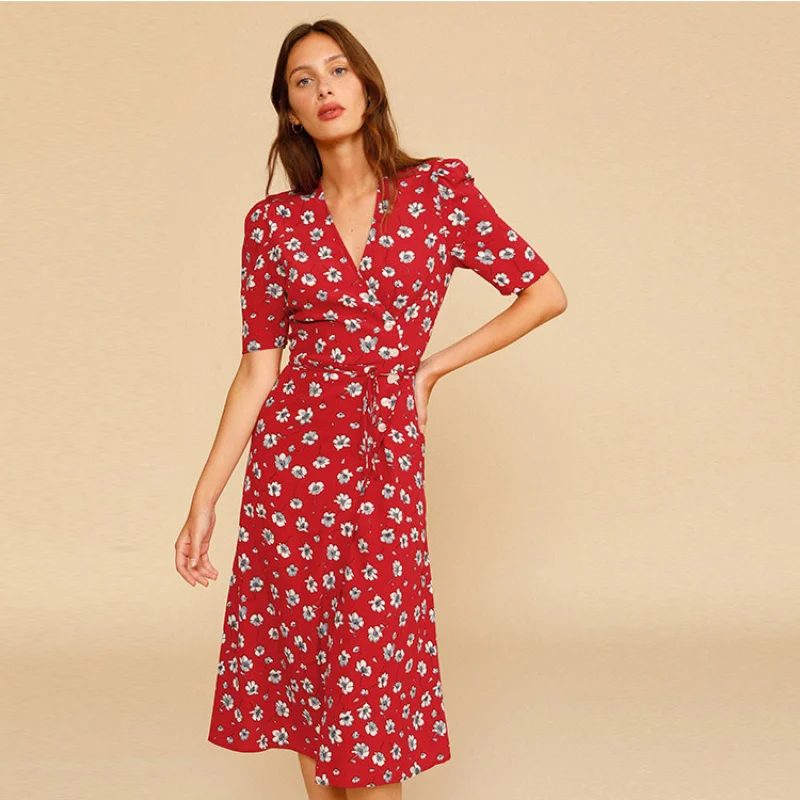 

114 Spot GoodsRefRayon Floral Print Tea Dress2025Summer New French Retro Style Women's Fashion