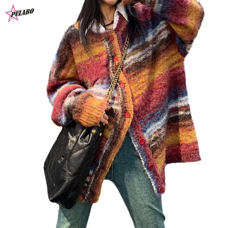 

PULABO Crochet Knitted Striped Cardigans Autumn Lantern Sleeve Vintage Open Stitch Sweater Women Casual Loose Fashion Streetwear