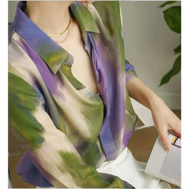 

Женская шелковая блузка с длинным рукавом, осенняя новинка, из полиэстеровой ткани, с воротником, тонкая, приталенная, с рукавом три четверти