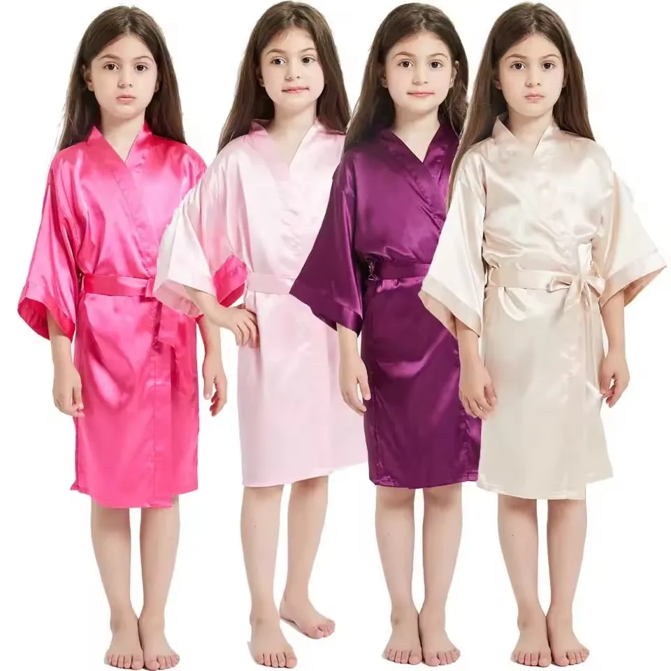 Girls Satin Kimono Robe Kids Solid Color Bathrobe with Belt Flower Girl Spa Birthday Party Sleepover Robe for Wedding