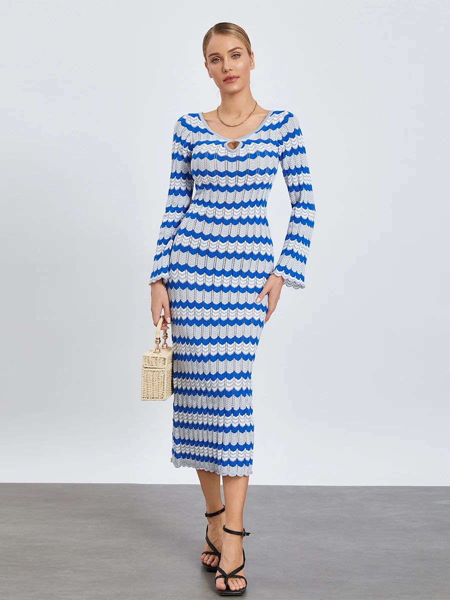 Wsevypo blau gewellt gestreift gestrickt gehäkelt Midi kleid Herbst Frauen Langarm Ausschnitt o Hals wickel Bodycon Kleid Büro tägliche Kleidung