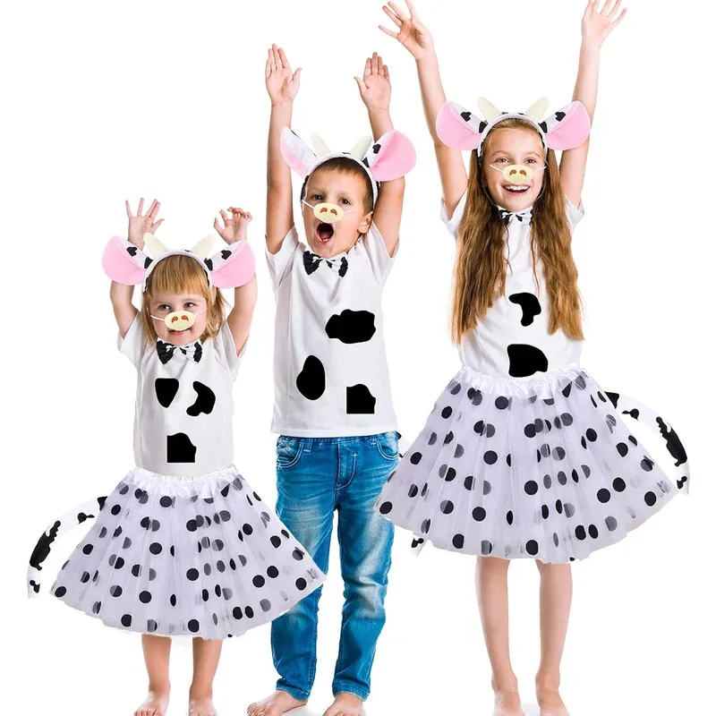 

asdh8@Kids Adults Milk Cow Headband Ears Nose Tail Bow Tie Tutu Skirt Animal Cosplay Costume Accessories for Halloween Carnival