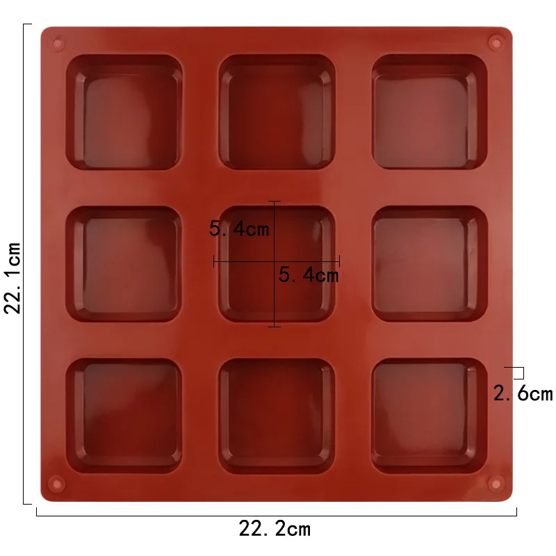 9-fach quadratische Silikonform für Seifenherstellung, Würfel, Süßigkeiten, Schokolade, Gelee, Brownie, Eiswürfel, Wachsschmelze, Kuchendekoration – Detail 5