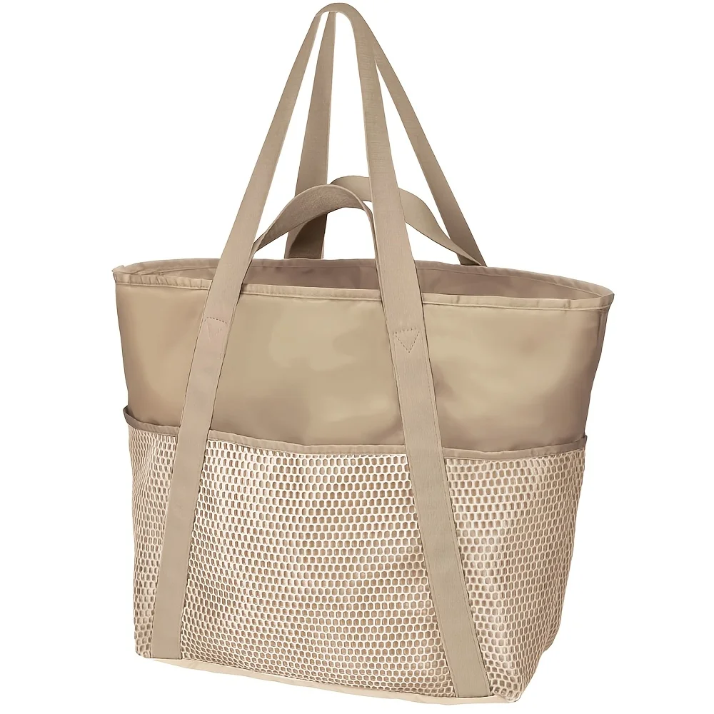 

Большой пляж | Складная сумка-тоут с сетчатыми карманами на молнии для плавания, путешествий и предметов первой необходимости для отпуска | цвета хаки, можно стирать в машине.