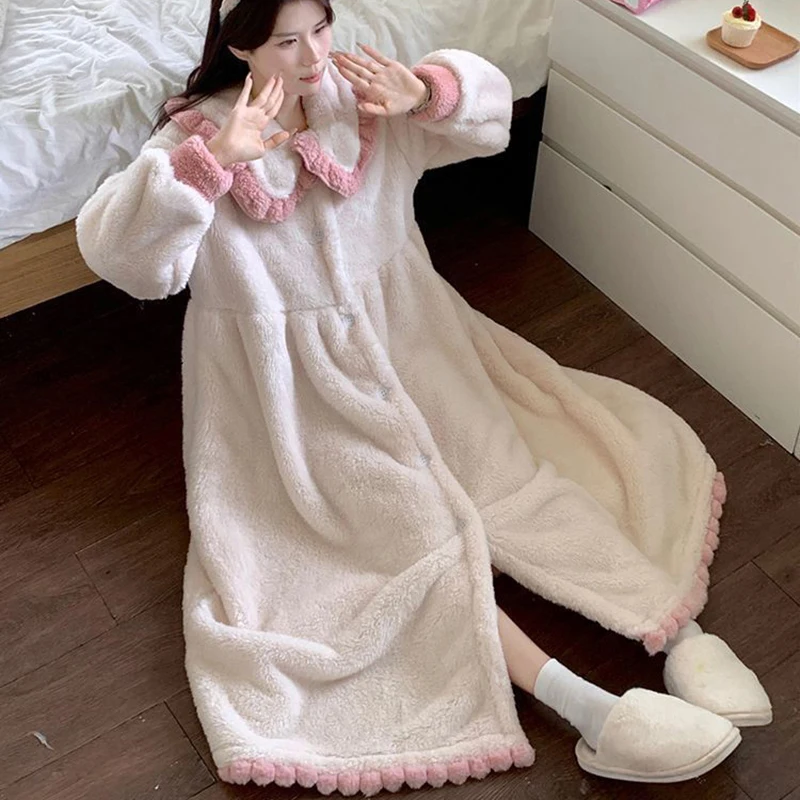 Ruffle Robe for Women Sleepwear Nightdress Winter Night Wears Warm Fleece Pajama One Piece Nightgown Button Long Sleeve Homewear