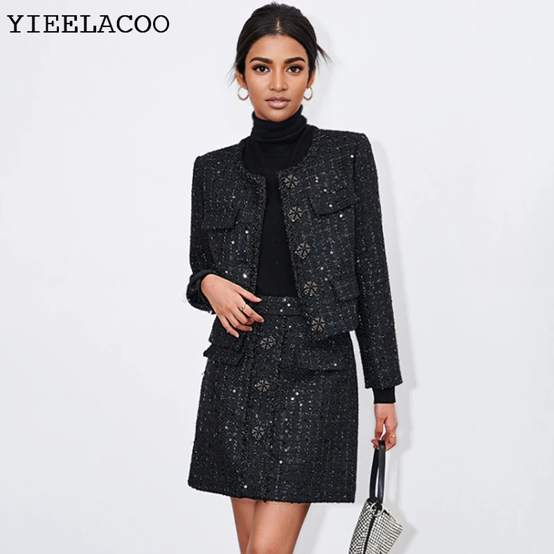 

Черный твидовый пиджак + костюм с юбкой Профессиональная весенне-осенняя женская куртка Деловой женский костюм с юбкой из двух предметов