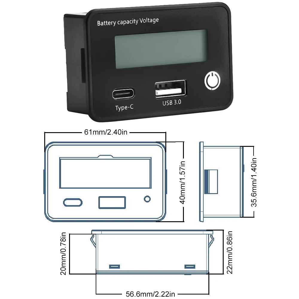 DC8-30V Battery Capacity Indicator Lead-Acid/Lron-Lithium/Ternary Lithium Measurement with USB3.0 and Tpye-C for Car Motorcycle