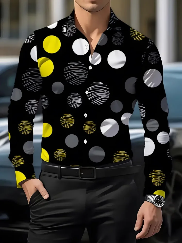 Men's polka dot long sleeved shirt, lapel casual shirt, European and American business commuting daily versatile men's top