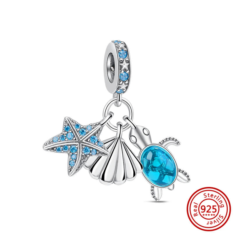 925 Sterling Silver Ocean Charm Fit Pandora Original 925 Bracelet Blue Sea Turtle Crab Dolphin Starfish Shell Beads Fine Jewelry