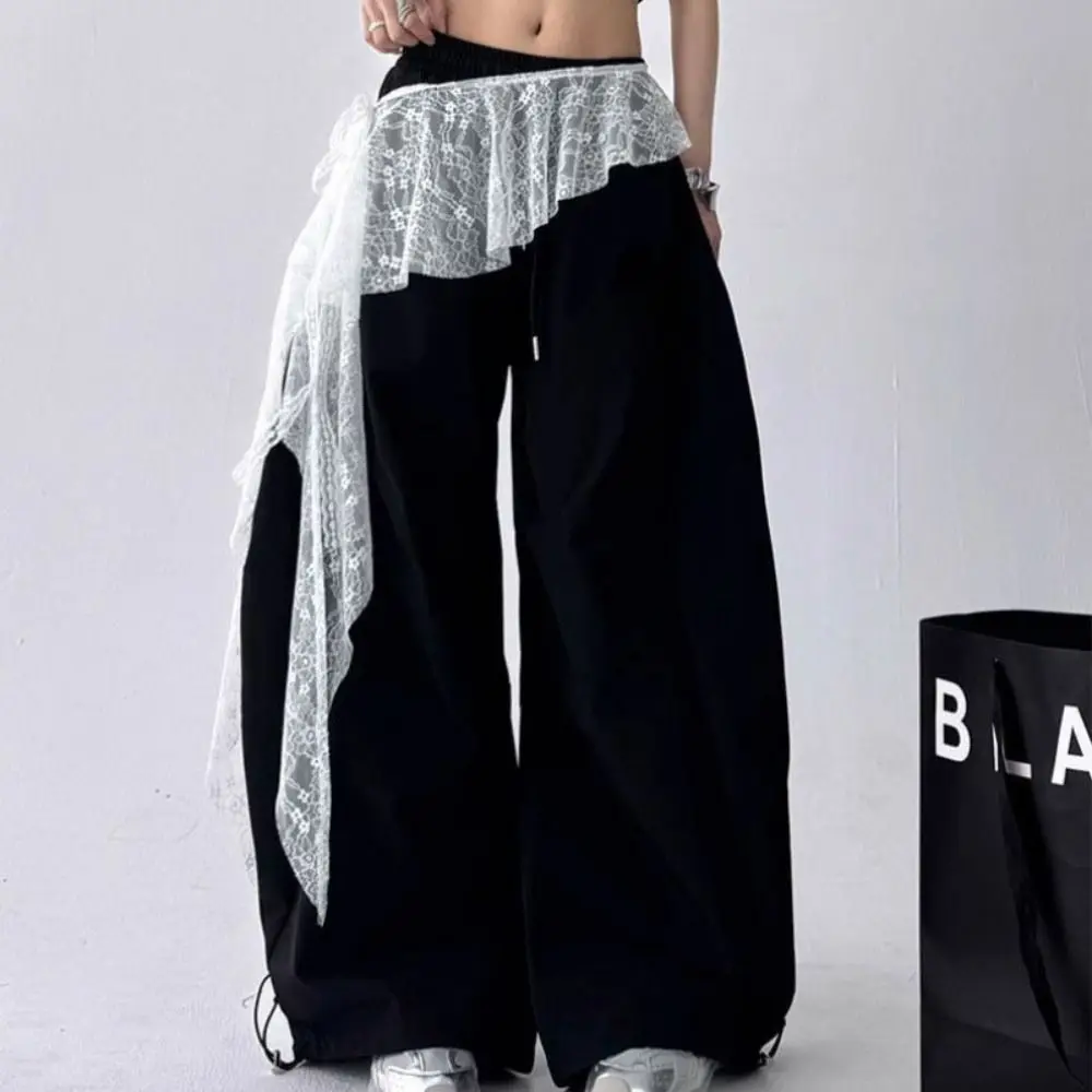 

Jeans Pants Decor Embroidered Flower Lace Mini Skirt Irregular See Through Ruched Skirts Y2K Streetwear High Waist Butt Curtain