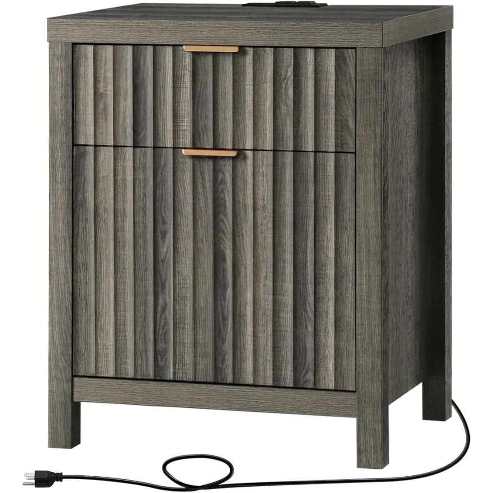Oxford 2 Drawer Nightstand, End Table with Charging Station, Night Stand with Fluted Panel, Farmhouse Sofa Bed Side Table for Be
