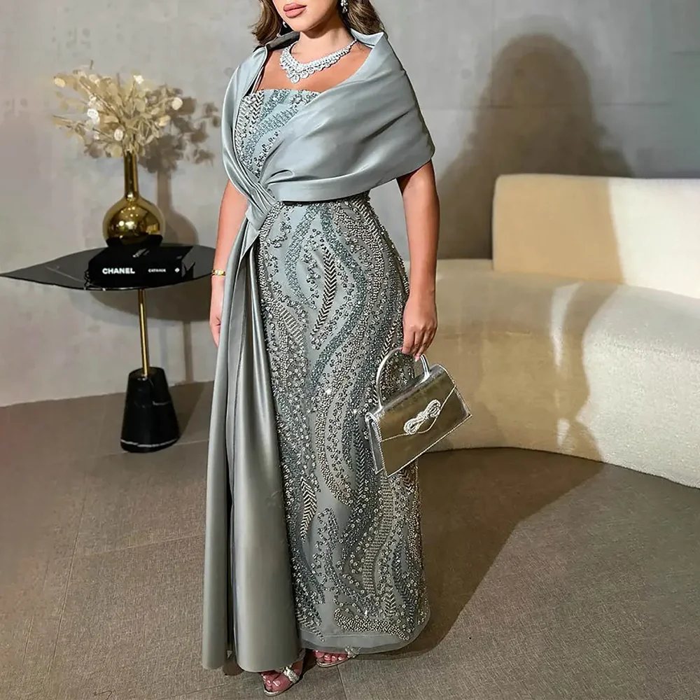 

Appliques Square Collar Evening Dresses Formal Party Prom Gowns Straight Floor-Length Beading Evening Prom Dresses Customized