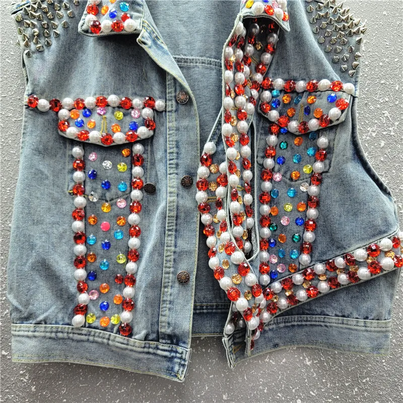 Schwerindustrie Strass Perlen Mode Jeans jacke Weste für Frauen 2023 Herbst neue lose Revers Niet ärmellose Jeans weste