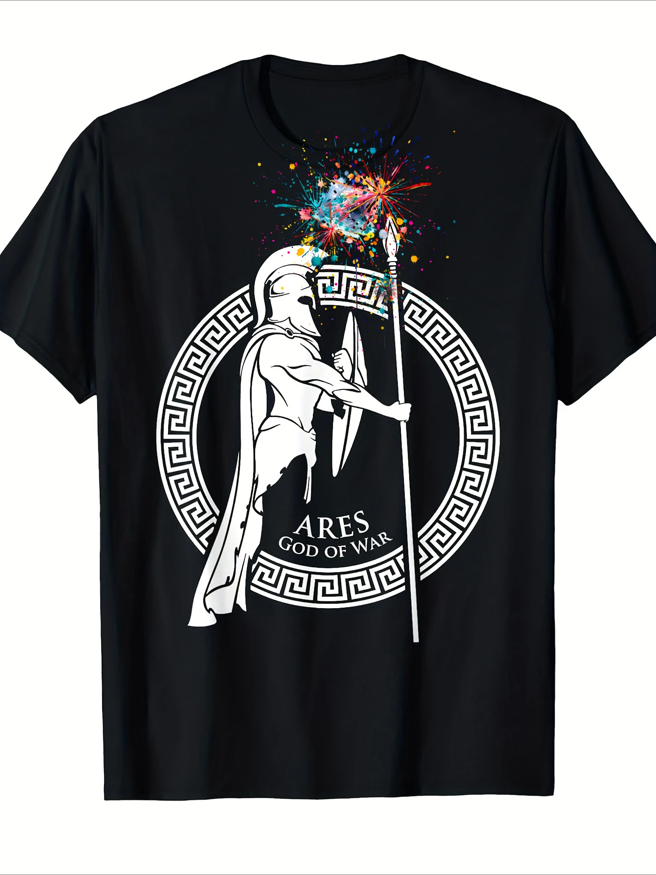 

Greek Mythology Ares-Spartan Helmet&Spear Graphic,Retro Greek Key Border Design-100% cotton O-neck printed men's T-shirt.