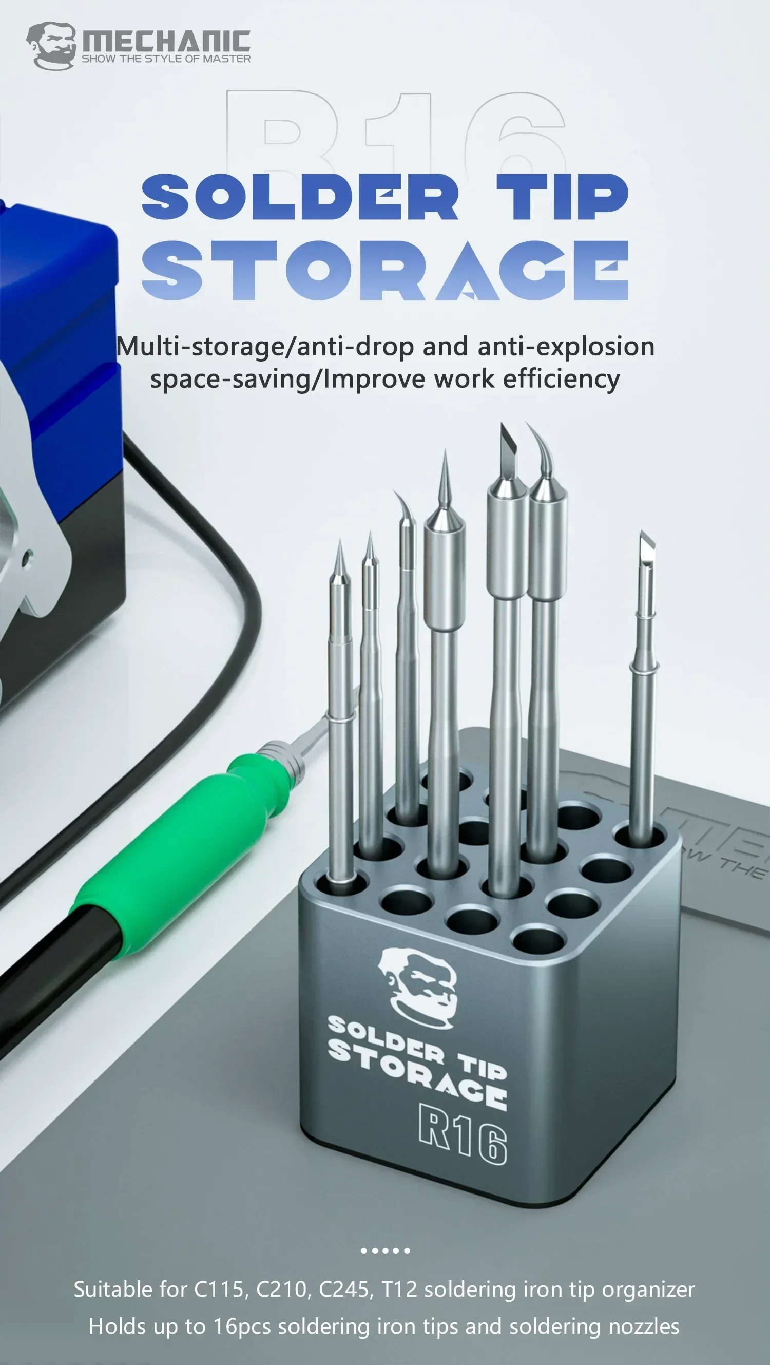 Caja de almacenamiento de puntas de soldador Mechanic R16, 16 agujeros, C210, C245, C115, T12, organizador de núcleo de calefacción, soporte de cabeza de soldadura