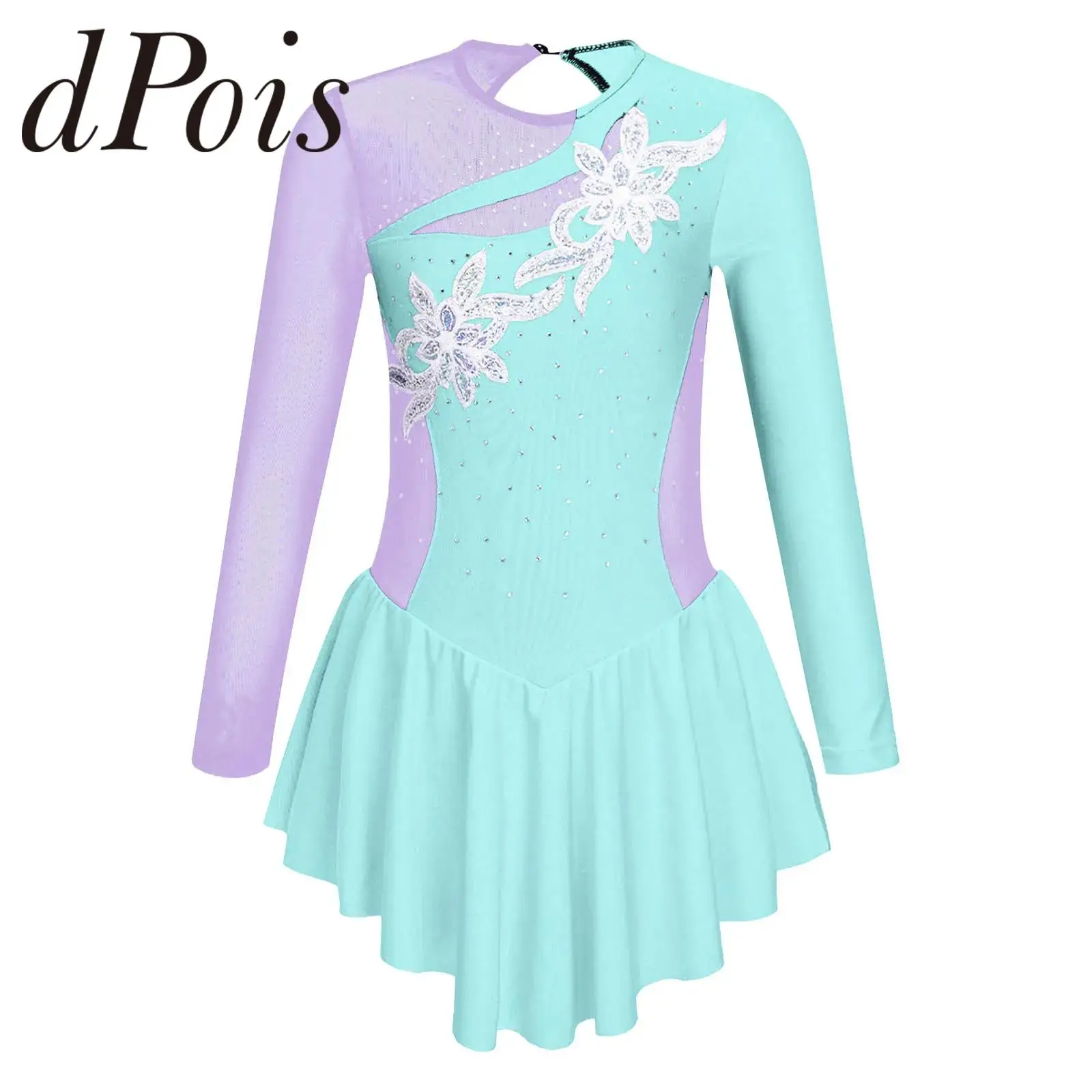 Kids Girls Ballet Dress Long Sleeve Shiny Rhinestone Figure Skating Dress Teens Gymnastics Leotards Children Ice Skating Clothes