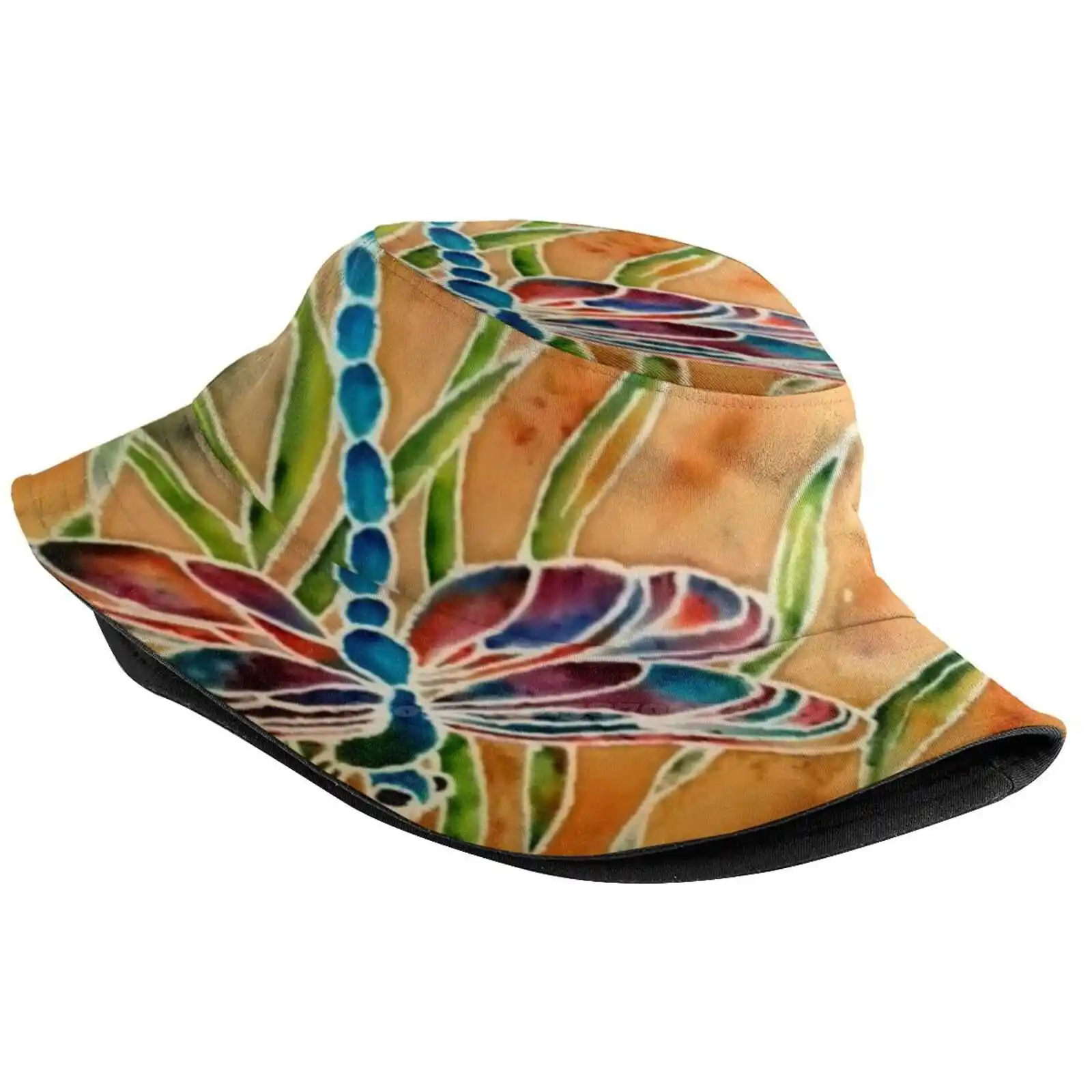 Respirável Sun Cap for Beach Tourism, Batik Em Reeds Batik Bucket Hat, Água Natureza Voa Insetos, Libélula Em Reeds