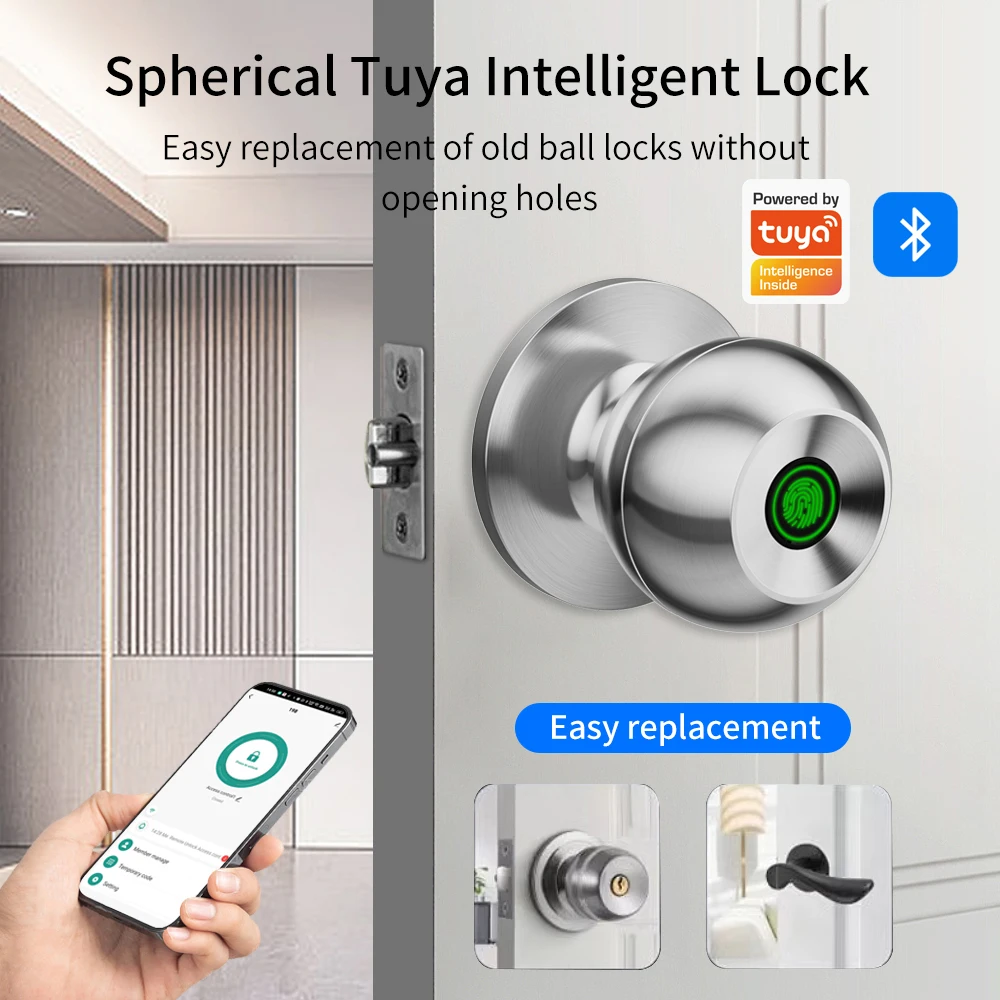 Unterstützt Tuya App Bluetooth Smart Fingerabdruck-Türschloss mit Passwort, mechanischem Schlüssel und NFC-Entriegelung für Holztüren mit Griff.