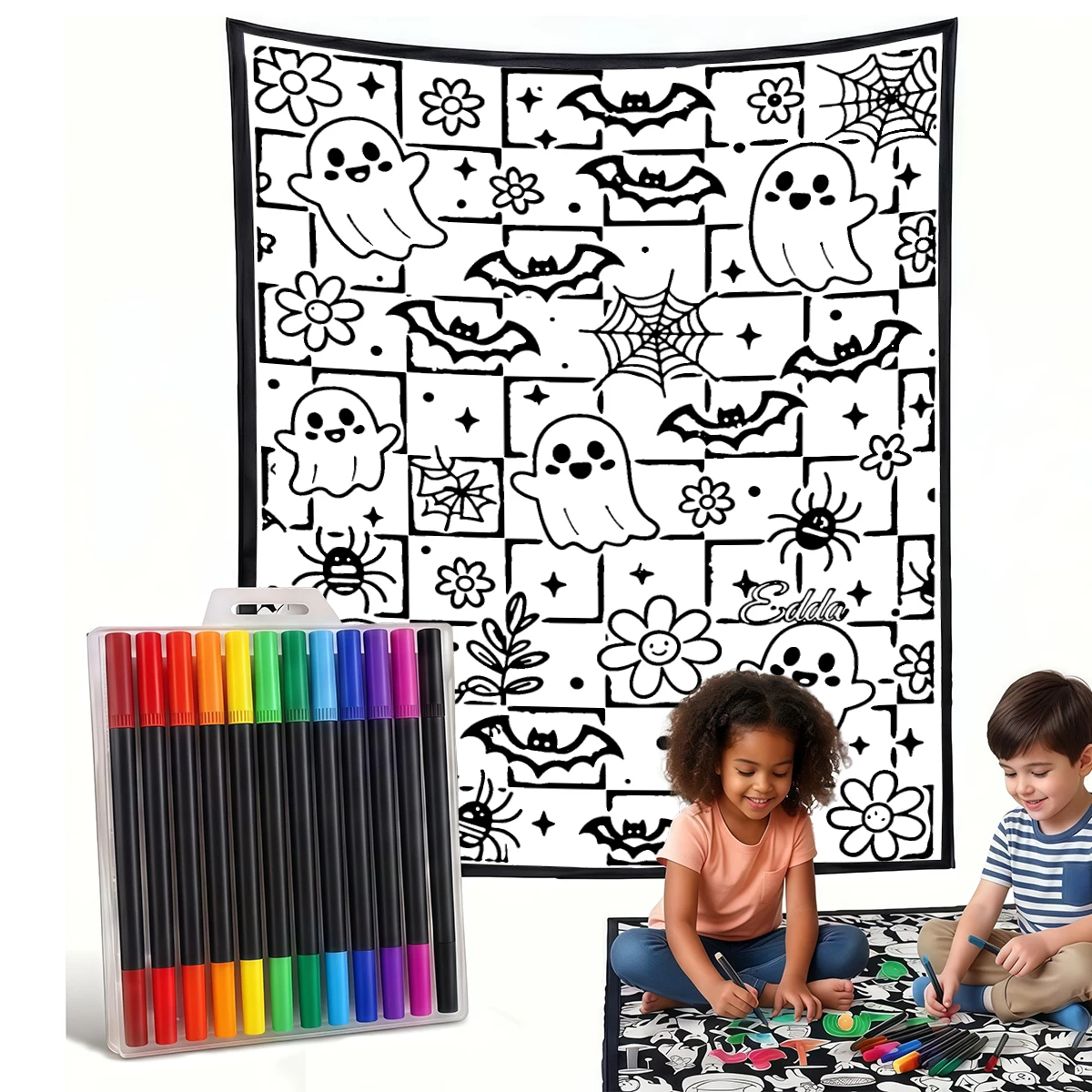 Teal Ghosts Bats Flowers DIY Cozy Coloring Blankets -24 Markers, Cozy Velvet Ideal For Daily Use Home Decor And Kids Spaces