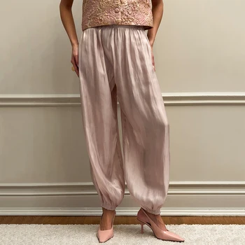 Linad Elegant Pink Crepe Loose Bloomers For Woman Street Chic Pleated Trousers Female Autumn Vintage High Waist Long Pants 2025