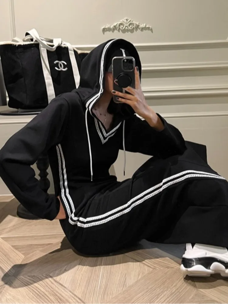 

Retro Patchwork Color Blo Lace Dstring Hooded Knitted Dr Women's Slimming Long Dr Spring Autumn New Sle