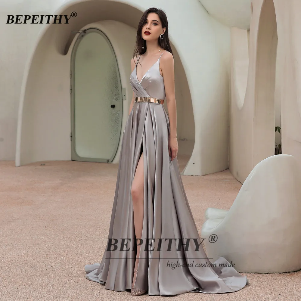 BEPEITHY Customized  A-Line Prom Dress High Slit With Sash Court Train V Neck Sexy Evening Dresses For Women 2023 Elegant Gowns