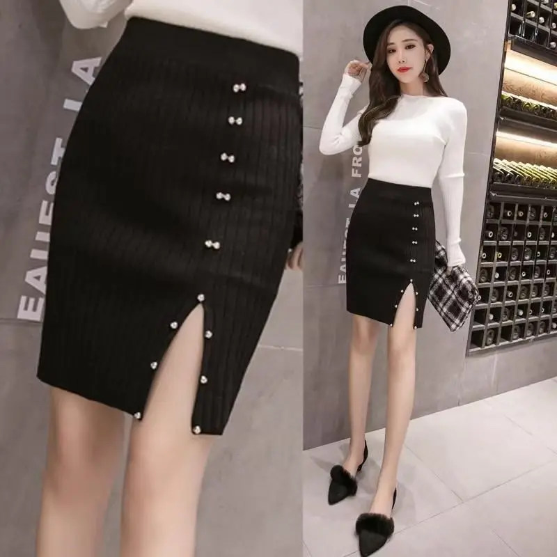 

Осень-зима, вязаная облегающая юбка-карандаш с бисером, женская сексуальная облегающая тонкая юбка-миди с разрезом для офиса, женская рабочая юбка