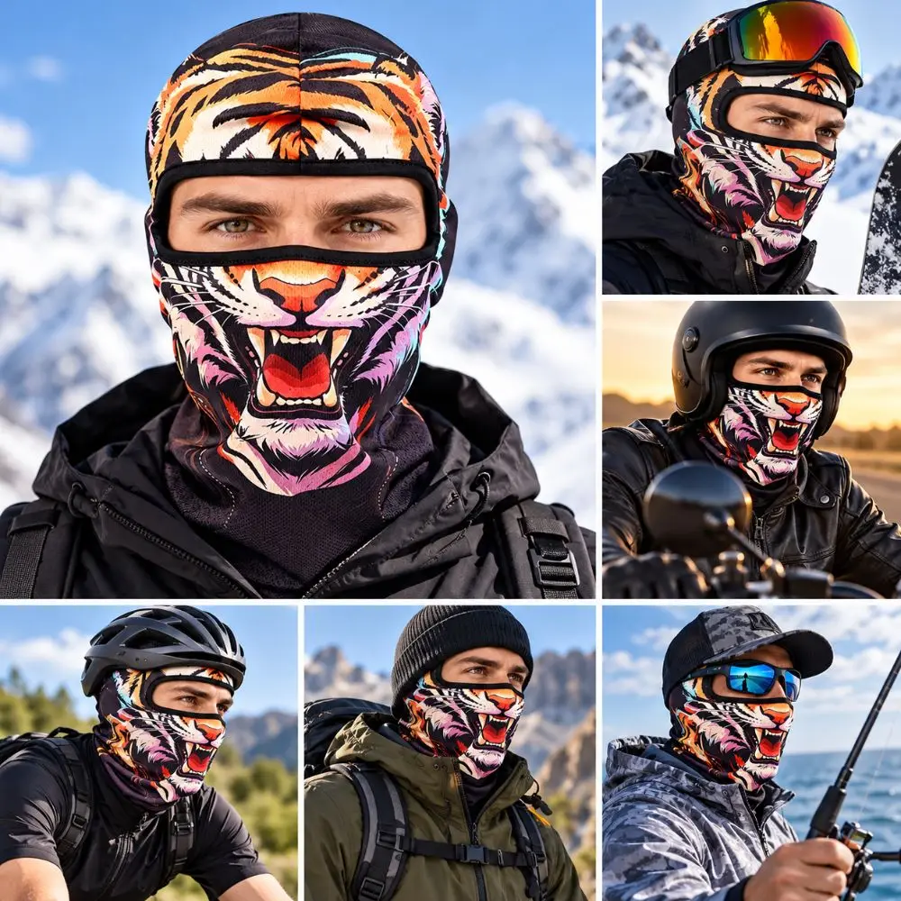 3D Printed Animal Pattern Funny Ski Mask Breathable Eye Hole Quick Dry Balaclava Face Mask Windproof Sweat Absorbent Neck Gaiter