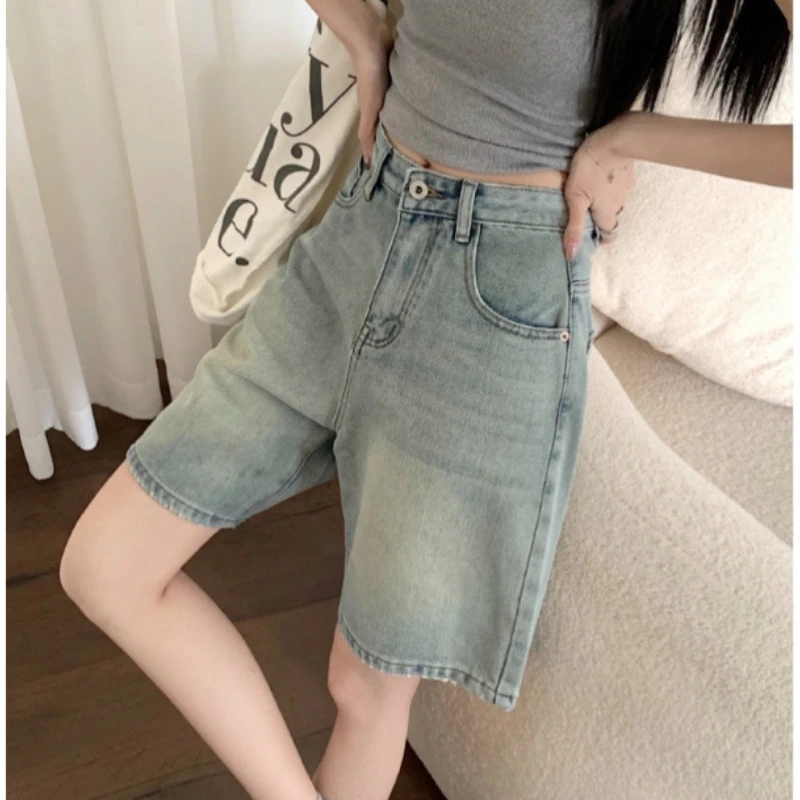 

New American Versatile Fashion Retro Blue Denim Shorts Women Korean Style Baggy Jeans High Street Summer Chic Y2k Denim Pants