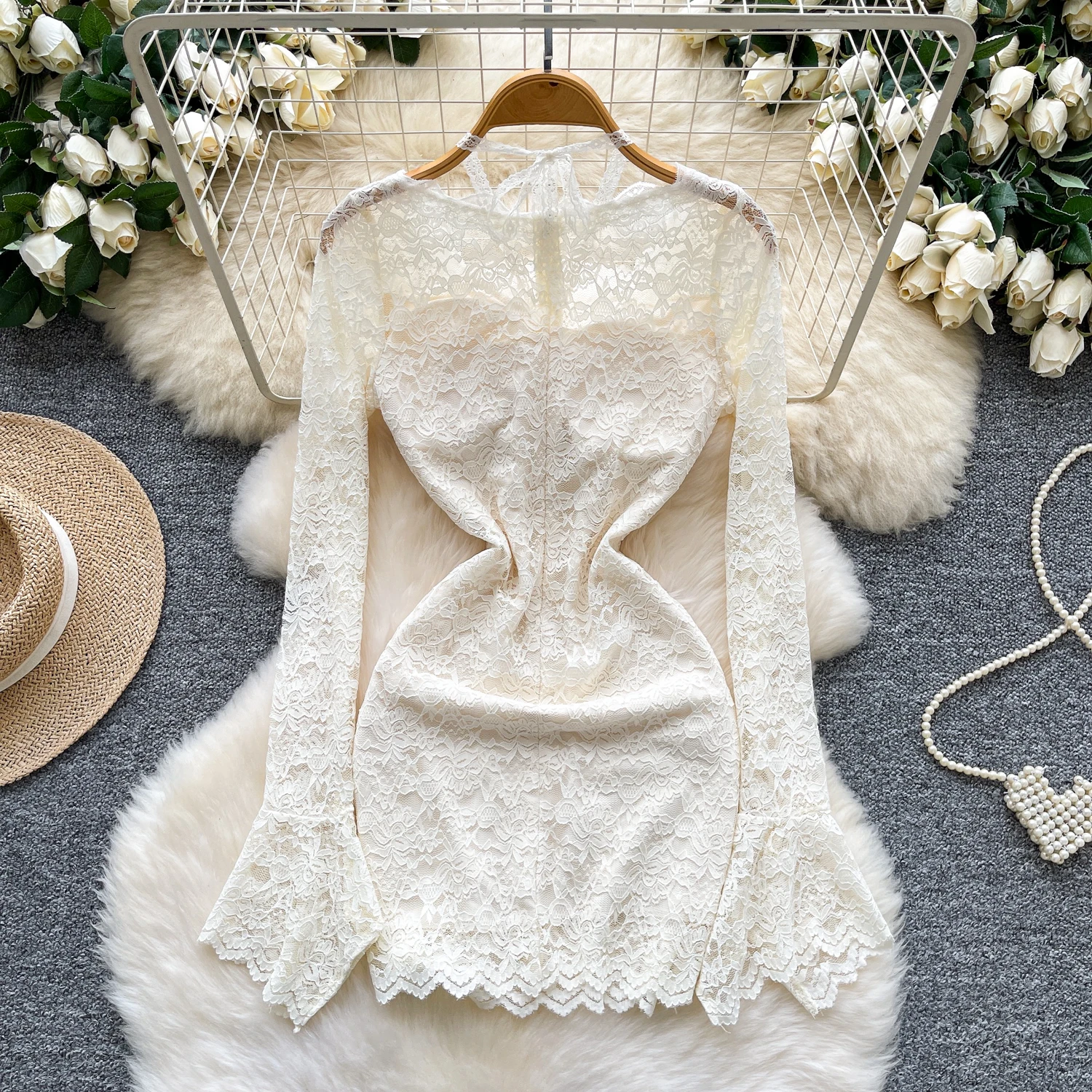 Elegancka sukienka ołówkowa z długim rękawem i wiązaniem na szyi, elegancka koreańska moda, sukienki, odzież damska